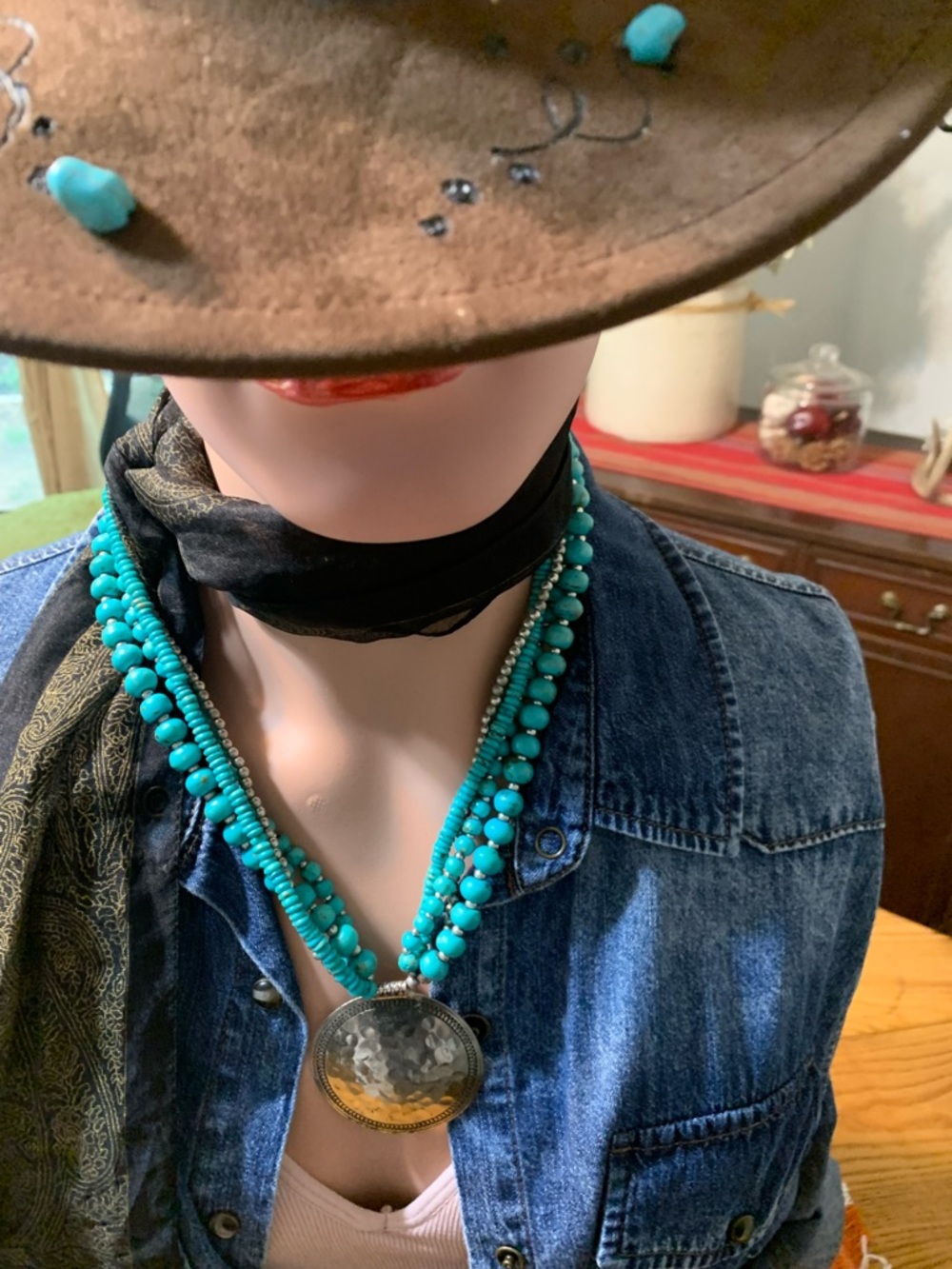 Turquoise Beaded Statement Necklace with Silver-Pendant